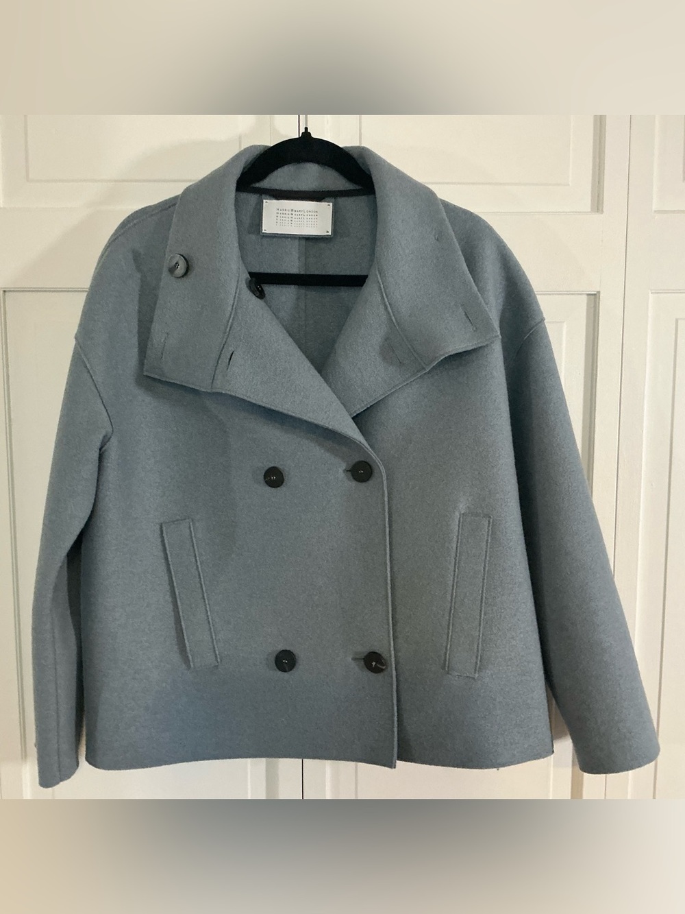 Harris Wharf London Dusty Blue Double-Breasted Funnel Neck Peacoat